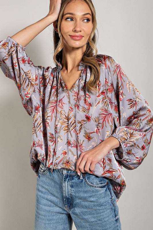 The Golden Hour Grey Floral Ruffle Neck Top