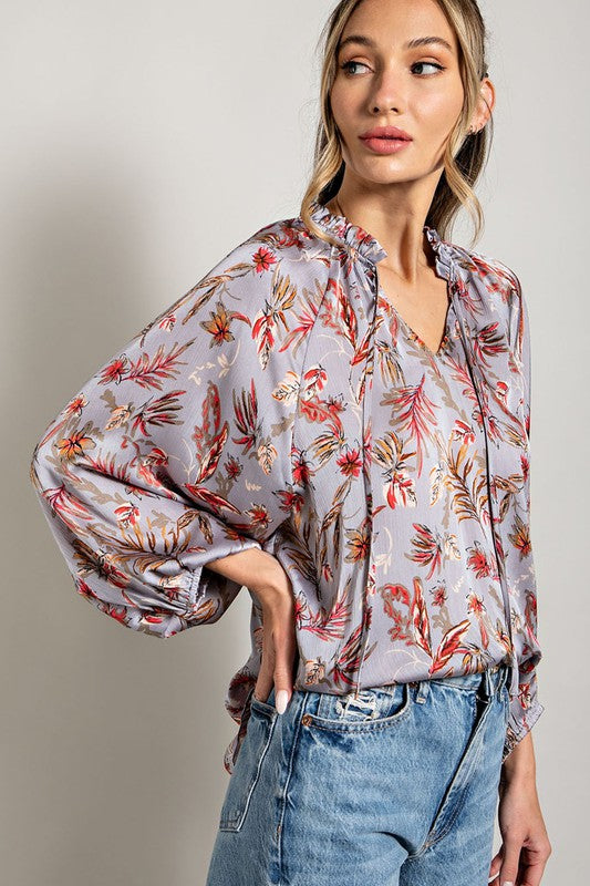 The Golden Hour Grey Floral Ruffle Neck Top