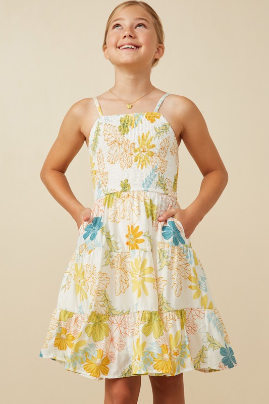 Girls Tropic Foliage Print Smocked Tank Dress