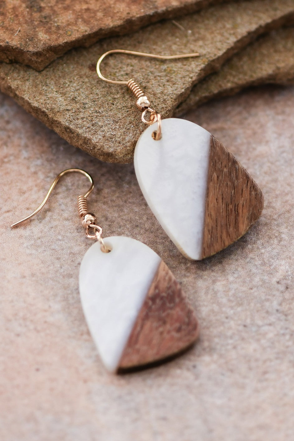 White Resin and Wood Drop Earrings