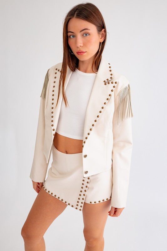 The Royce Cream Faux Leather Fringe & Stud Cropped Jacket