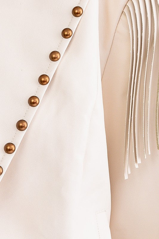 The Royce Cream Faux Leather Fringe & Stud Cropped Jacket