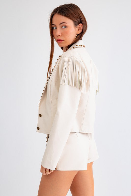 The Royce Cream Faux Leather Fringe & Stud Cropped Jacket