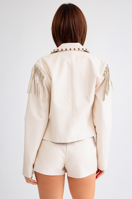 The Royce Cream Faux Leather Fringe & Stud Cropped Jacket