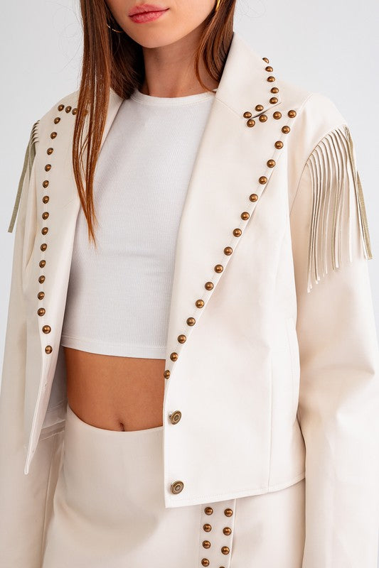 The Royce Cream Faux Leather Fringe & Stud Cropped Jacket