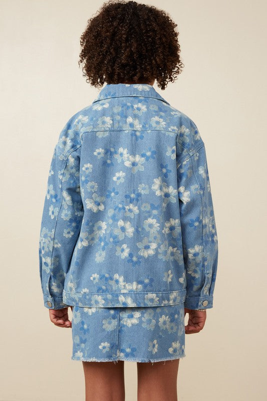 Girls Floral Printed Denim Jacket