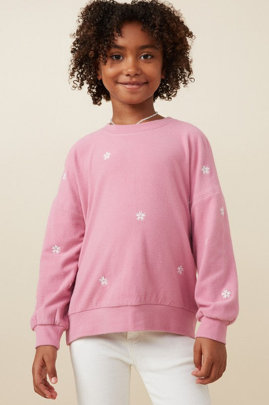 Girl Pink Floral Embroidered Sweatshirt