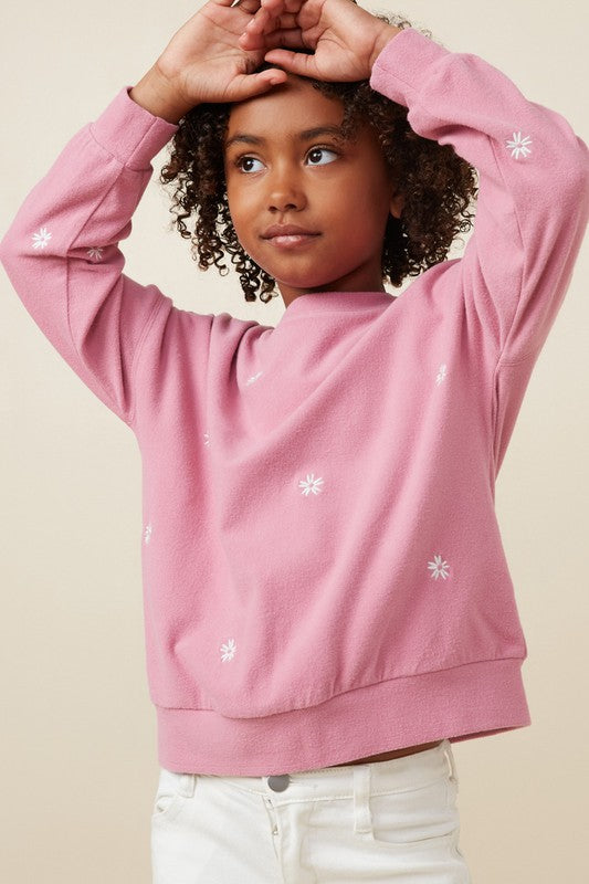 Girl Pink Floral Embroidered Sweatshirt