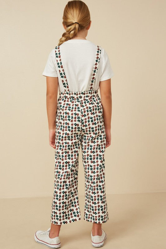 Girls Brushed Floral Print Straight Leg Overalls