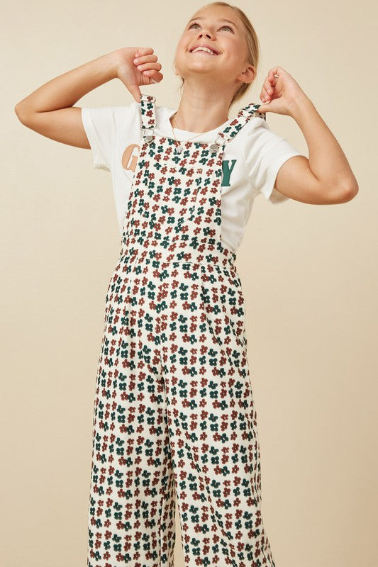 Girls Brushed Floral Print Straight Leg Overalls