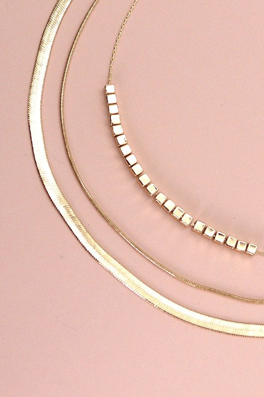Chain and Herringbone Chain Triple Layer Necklace