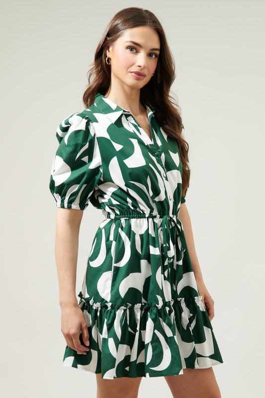 The Come On Clover Green and White Abstract Print Mini Dress