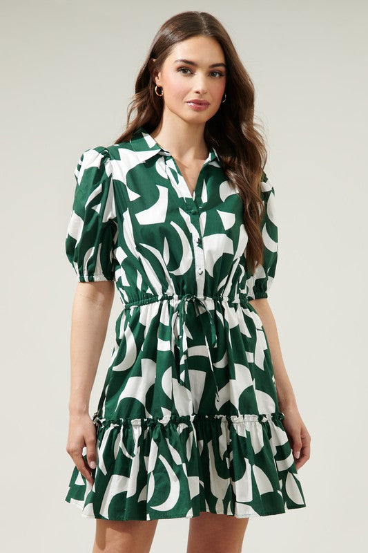 The Come On Clover Green and White Abstract Print Mini Dress
