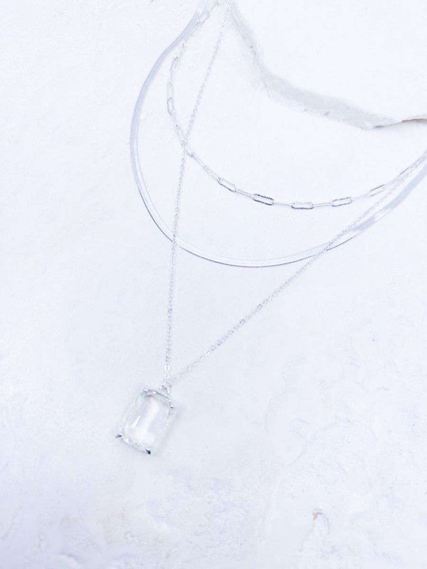Triple Layer Necklace with Rectangle Glass Pendant