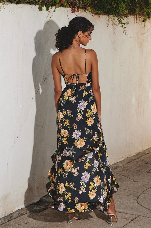 The Midnight Garden Satin Floral Print Maxi Dress