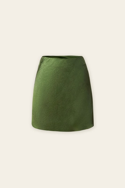 The Reflection Pool Dark Olive Satin Mini Skirt