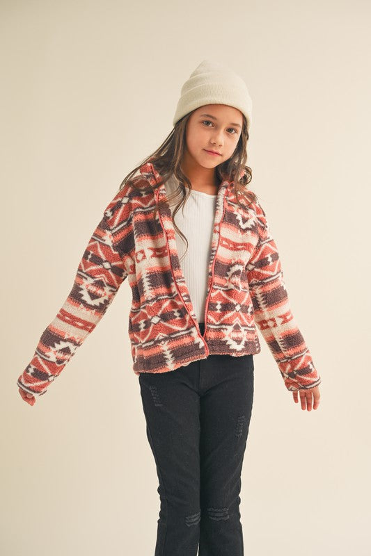 The Girls Rust and Pink Aztec Print Sherpa Jacket