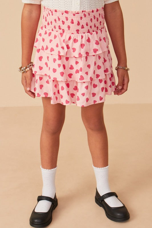 Girls Pink Heart Print Tiered Skirt
