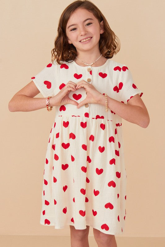 Girls Heart Print Short Sleeve Dress