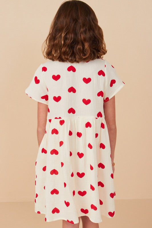 Girls Heart Print Short Sleeve Dress