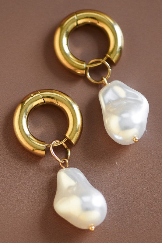Gold Huggie and Faux Pearl Drop Earrings