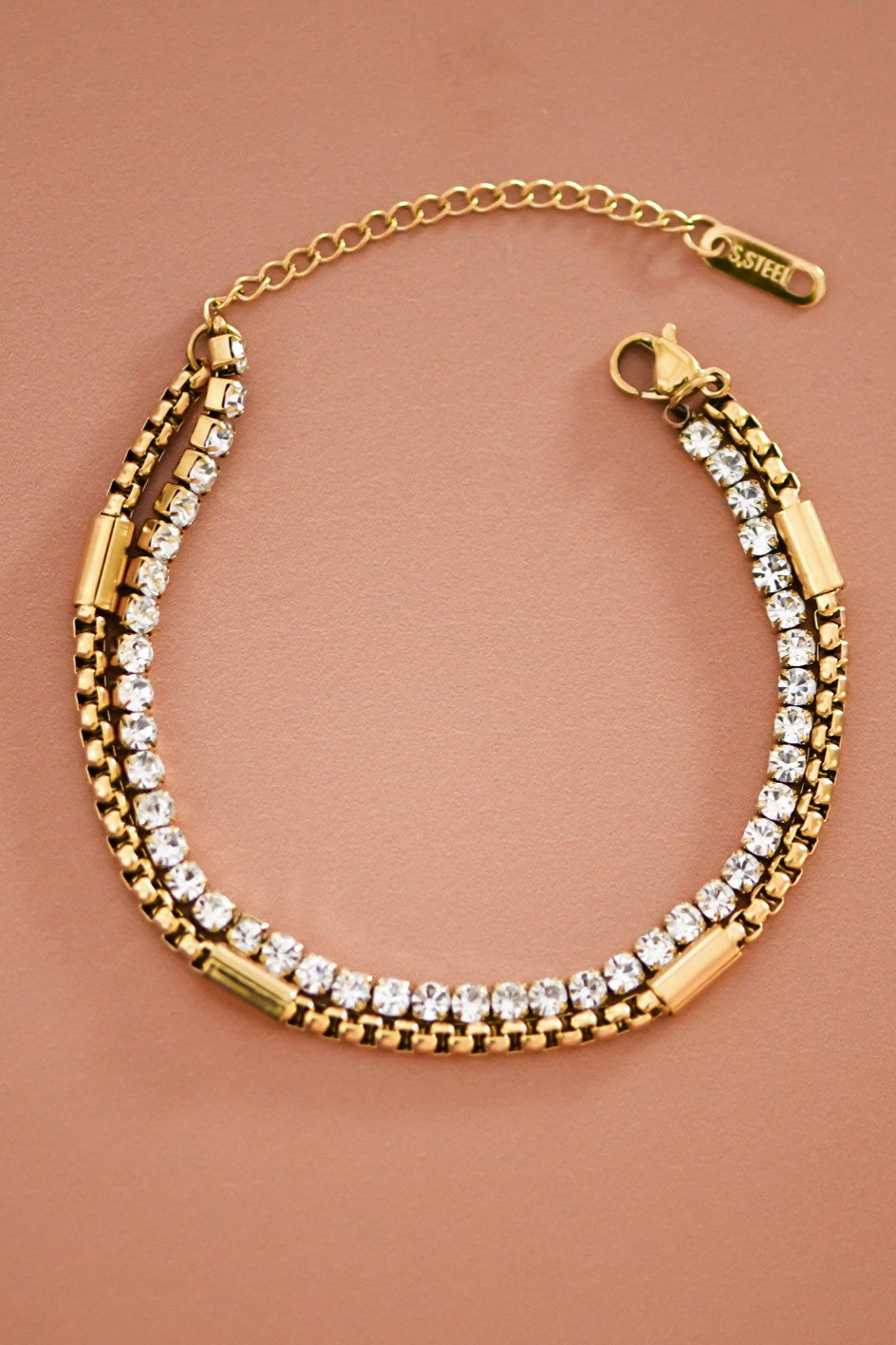 Gold and Rhinestone Box Chain Layered Bracelet