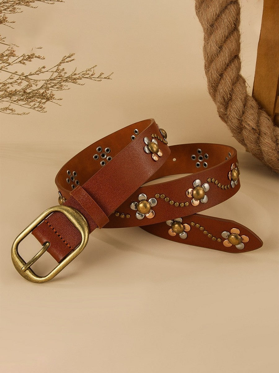 Metal Rivet Flower Belt in Camel — Shoppe Twelve