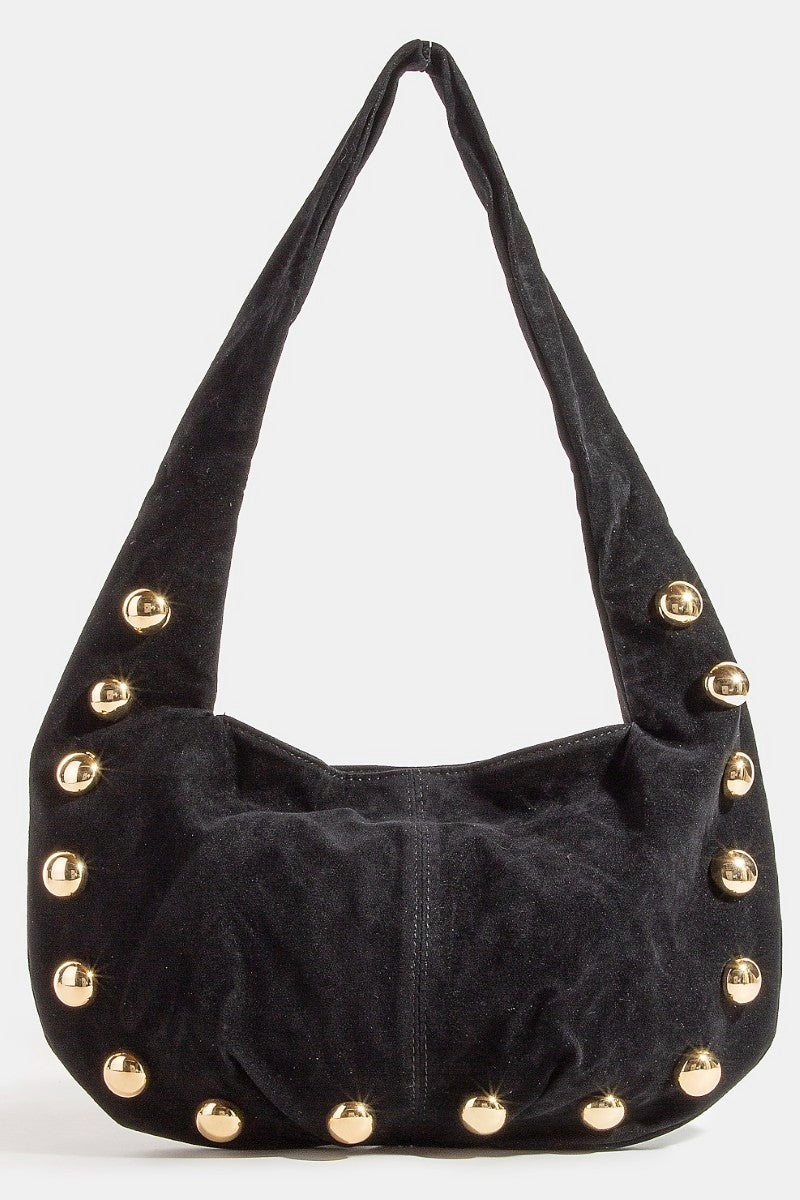 The Tell Me About It Studded Suede Shoulder Bag