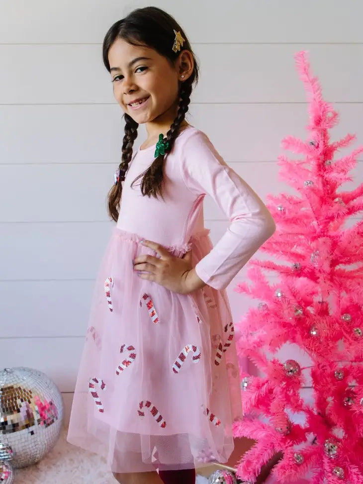 The Girls Candy Cane Christmas Long Sleeve Tutu Dress
