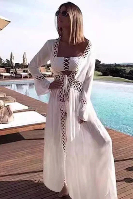 The Mykonos White Crochet Long Kimono