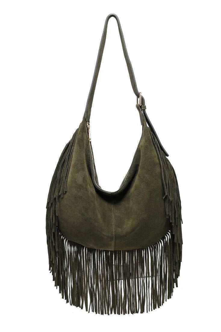 The Reba Olive Fringe Bag