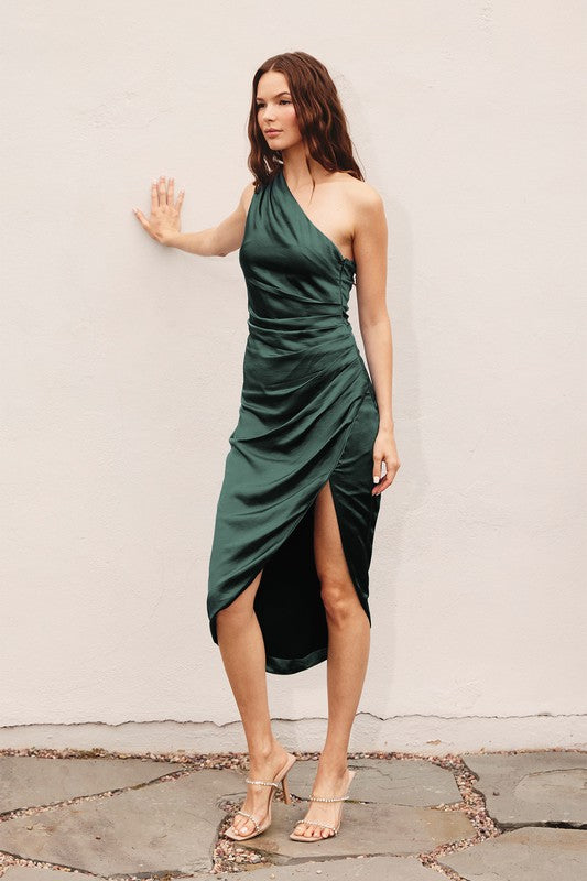 The Click Your Heels Emerald Satin Midi Dress