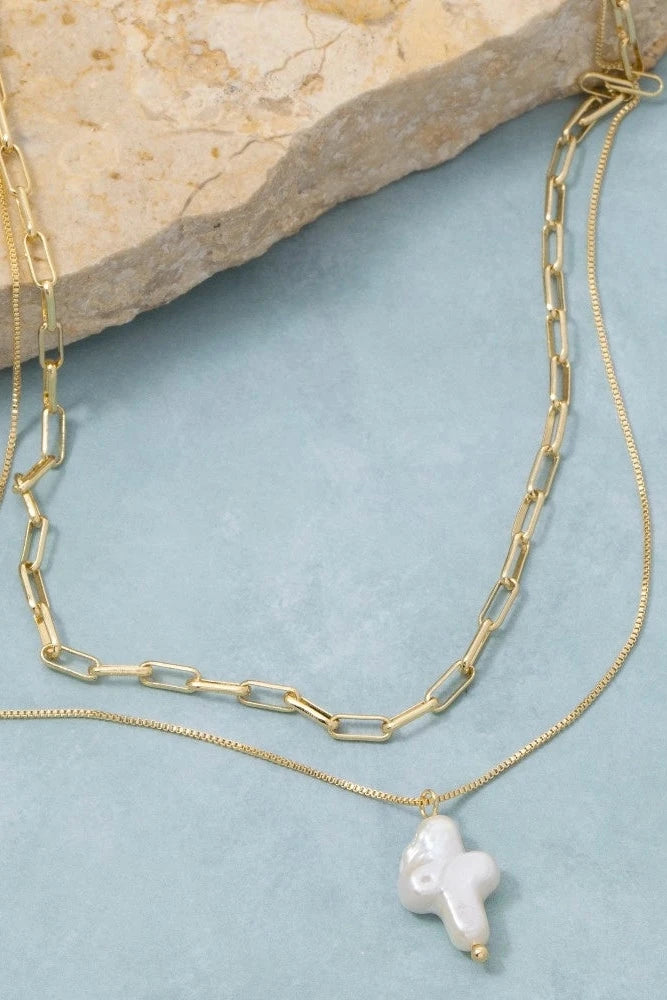 The Gold Dipped Pearl Cross Pendant Layered Chain Necklace