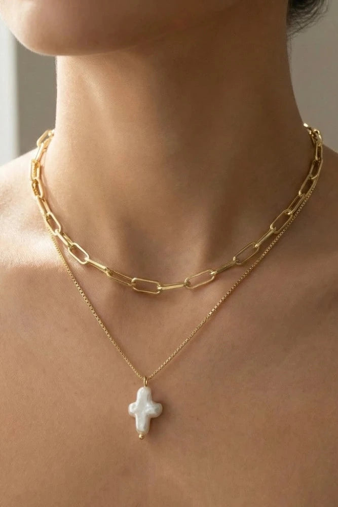 The Gold Dipped Pearl Cross Pendant Layered Chain Necklace