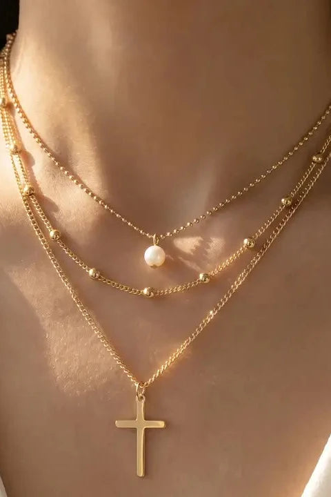 The Layered Pearl Cross Station Chain Necklace