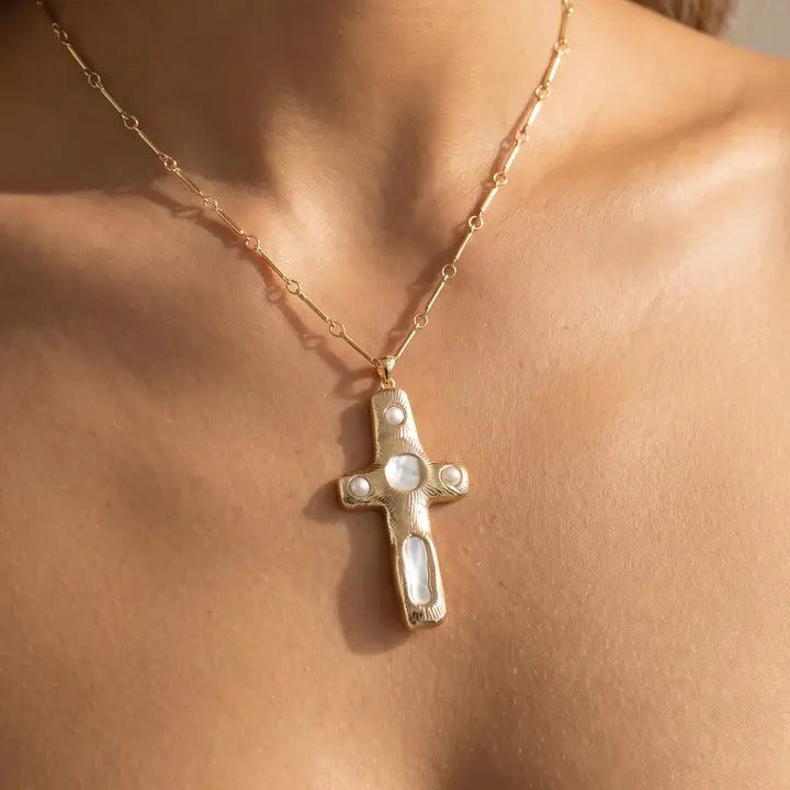 Organic Pearl Accent Cross Pendant Necklace