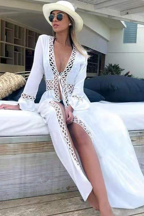 The Mykonos White Crochet Long Kimono