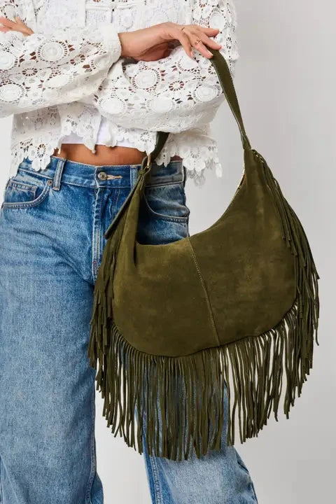 The Reba Olive Fringe Bag