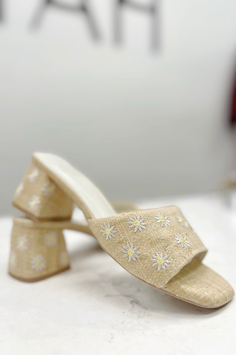 The Olive Floral Embroidered Wheat Heels