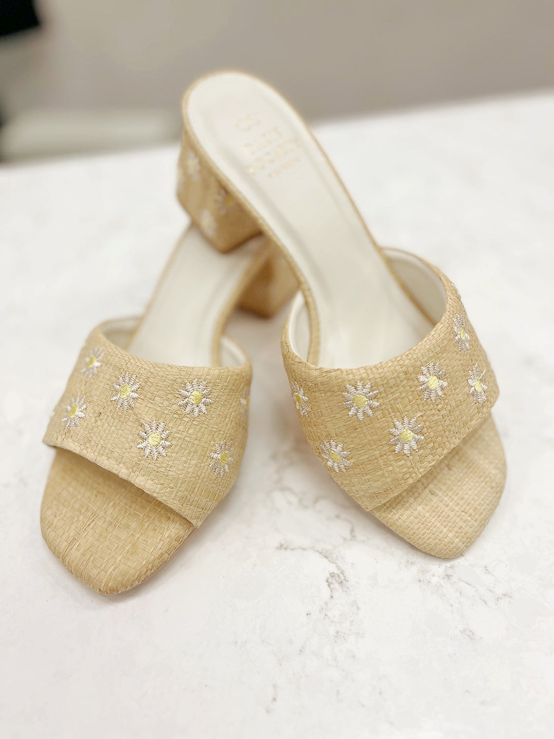 The Olive Floral Embroidered Wheat Heels