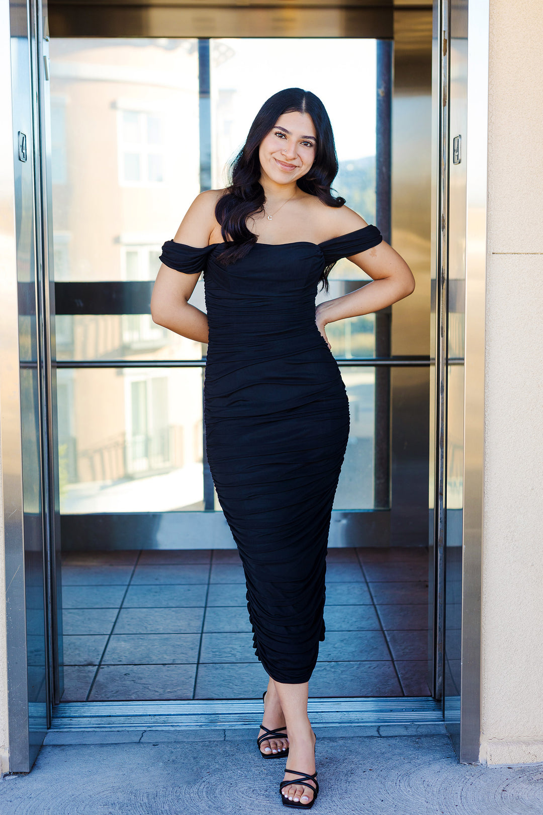 The All The Glamour Black Mesh Off The Shoulder Bodycon Dress Medium / Black The All The Glamour Black Mesh Off The Shoulder Bodycon Dress Medium / Black