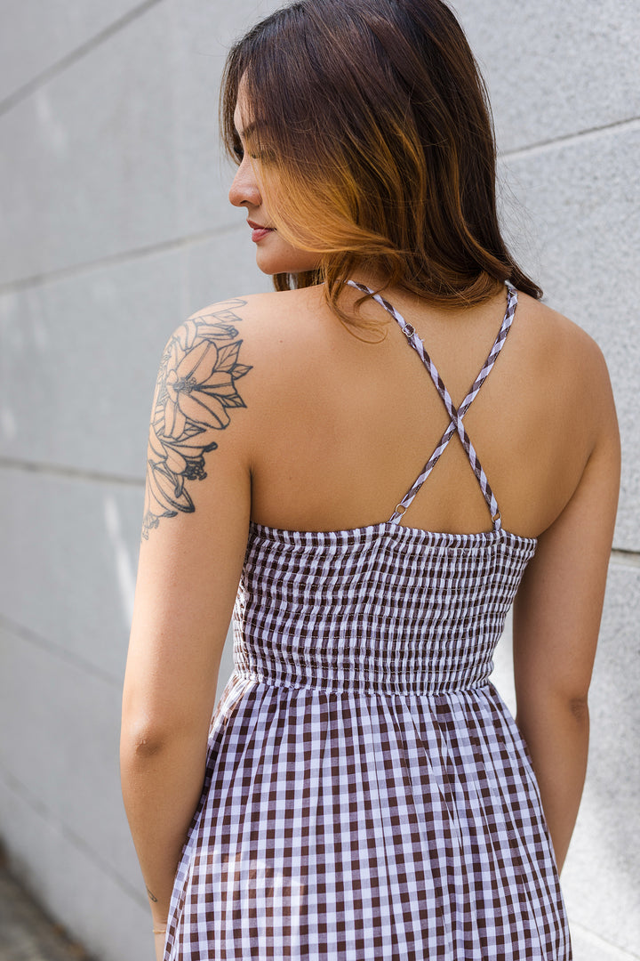 The Feeling Like Sunshine Brown Gingham Maxi Dress