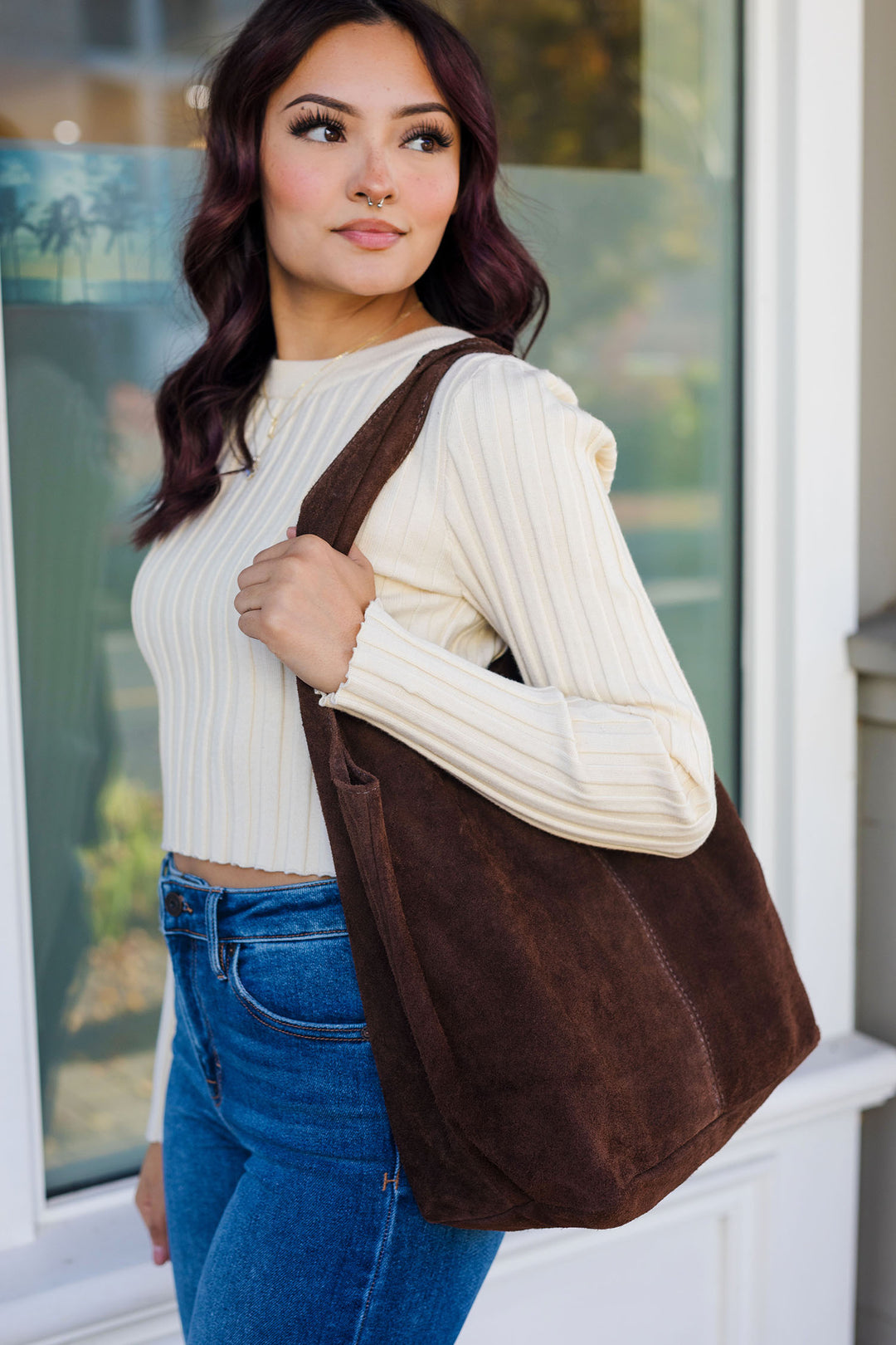 blue gianna leather backpack The Gianna Suede Leather Shoulder Bag Coffee