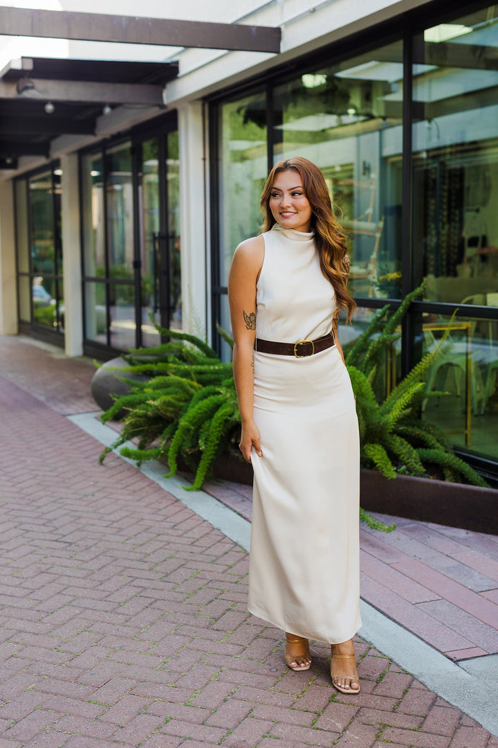 The Meet You At Midnight Champagne Satin Maxi Dress