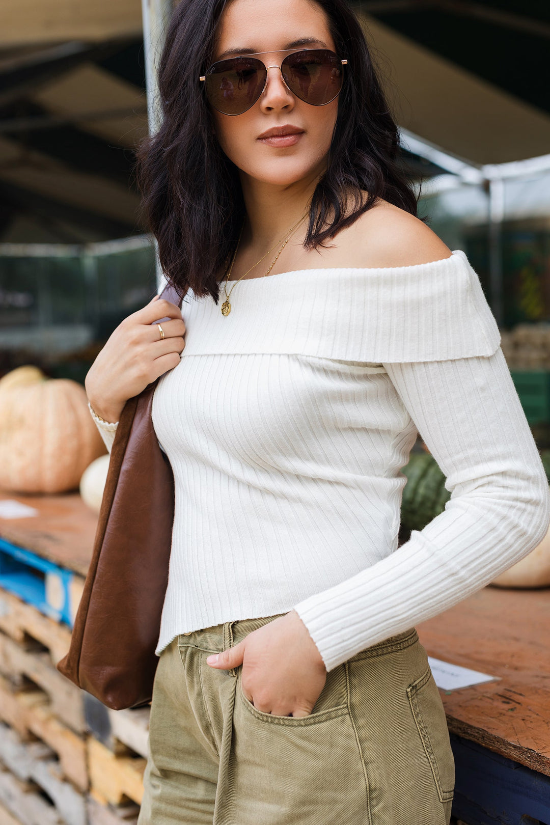 The Adriana Asymmetric Rib Off Shoulder Top