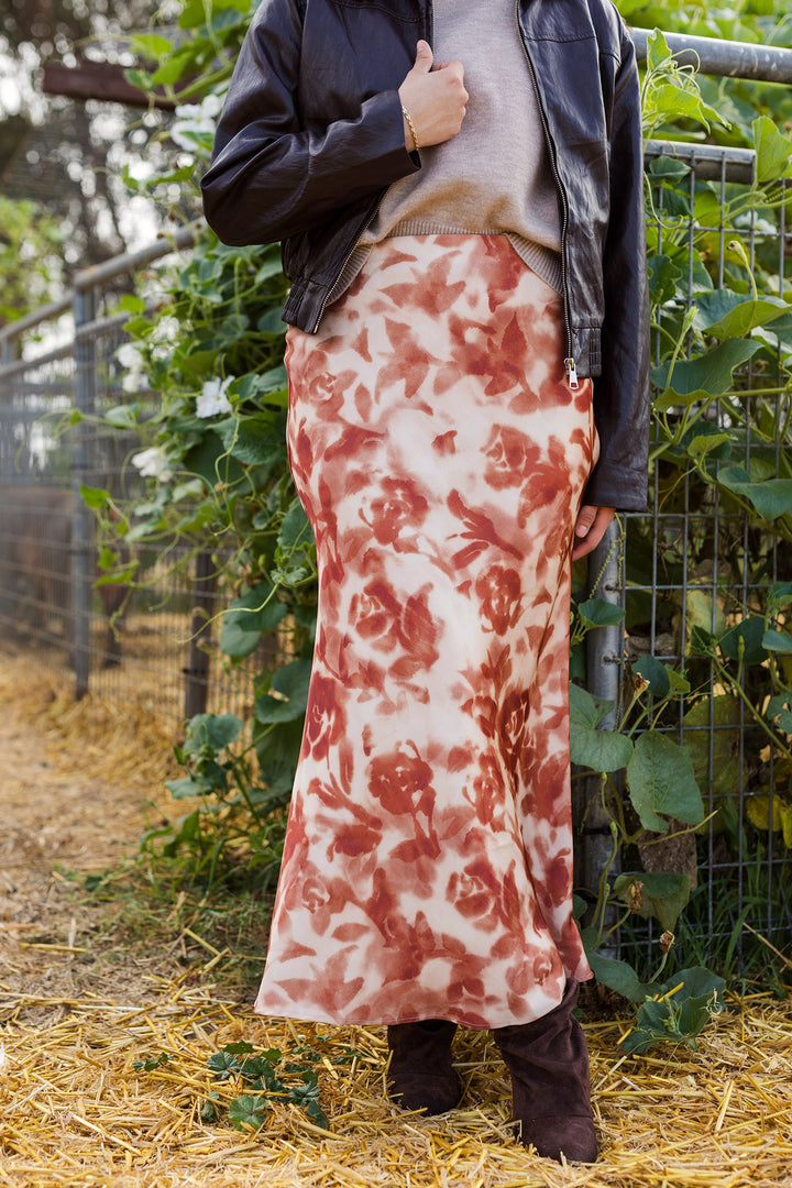 The Changing Leaves Patterned Satin Maxi Skirt