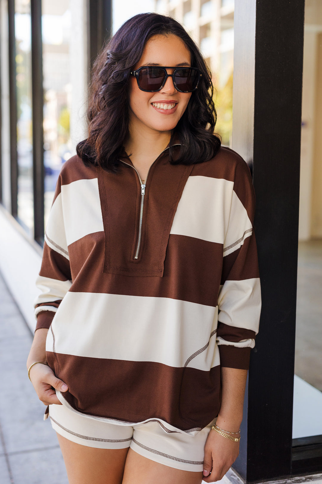 The Sophia Chocolate Wide Stripe Half Zip Pullover