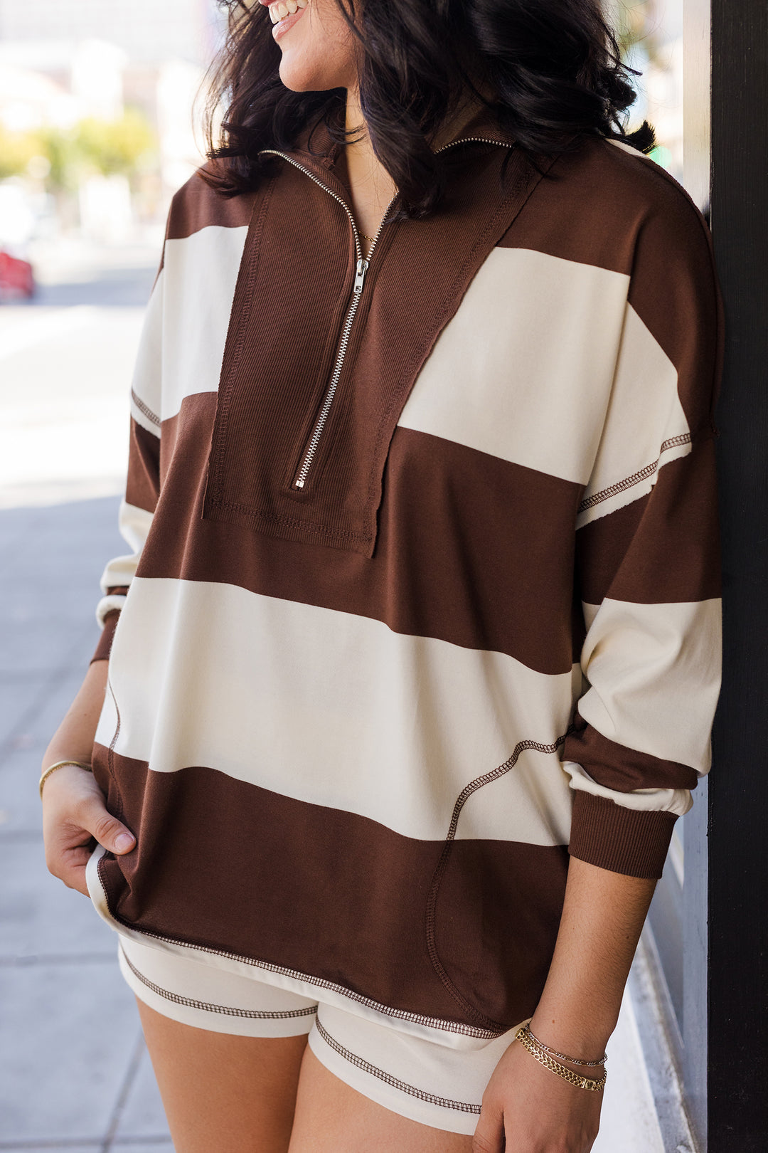 The Sophia Chocolate Wide Stripe Half Zip Pullover