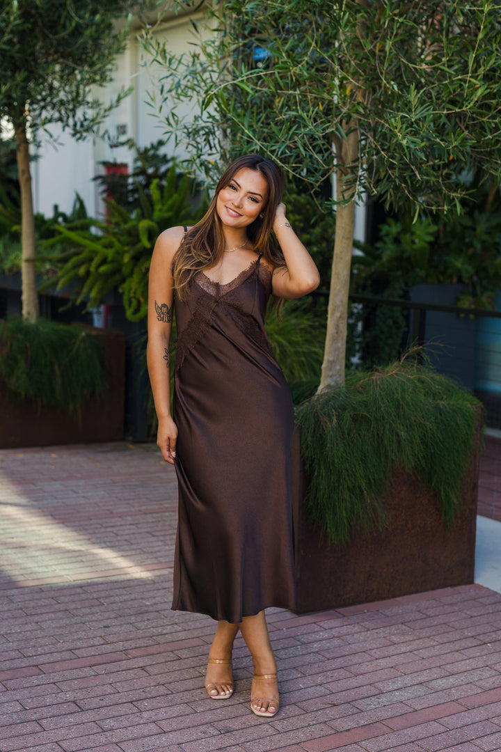 The Caroline Lace Detailed Midi Satin Dress