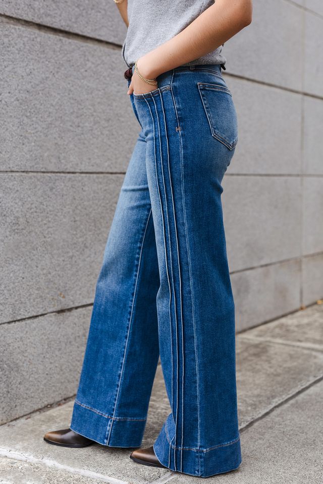 The Dakota Medium Wash Pintuck 33" Inseam Flared Jeans by Hidden